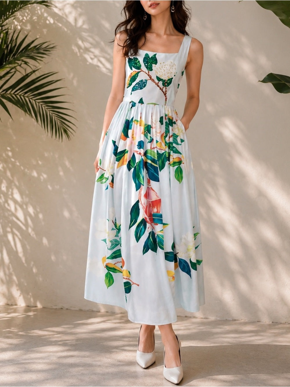 BURRYCO Light Blue Floral Print Embellished Midi Dress with Square Neck