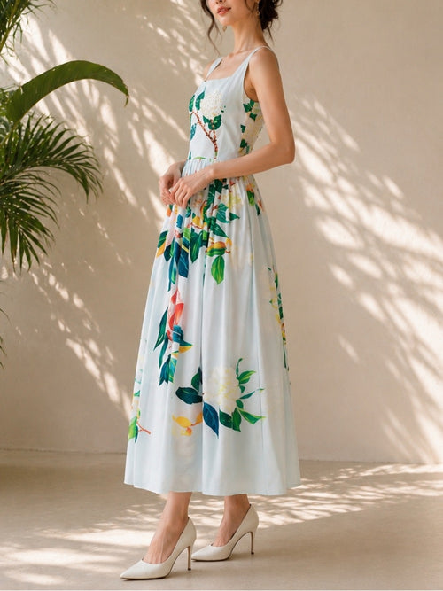 BURRYCO Light Blue Floral Print Embellished Midi Dress with Square Neck
