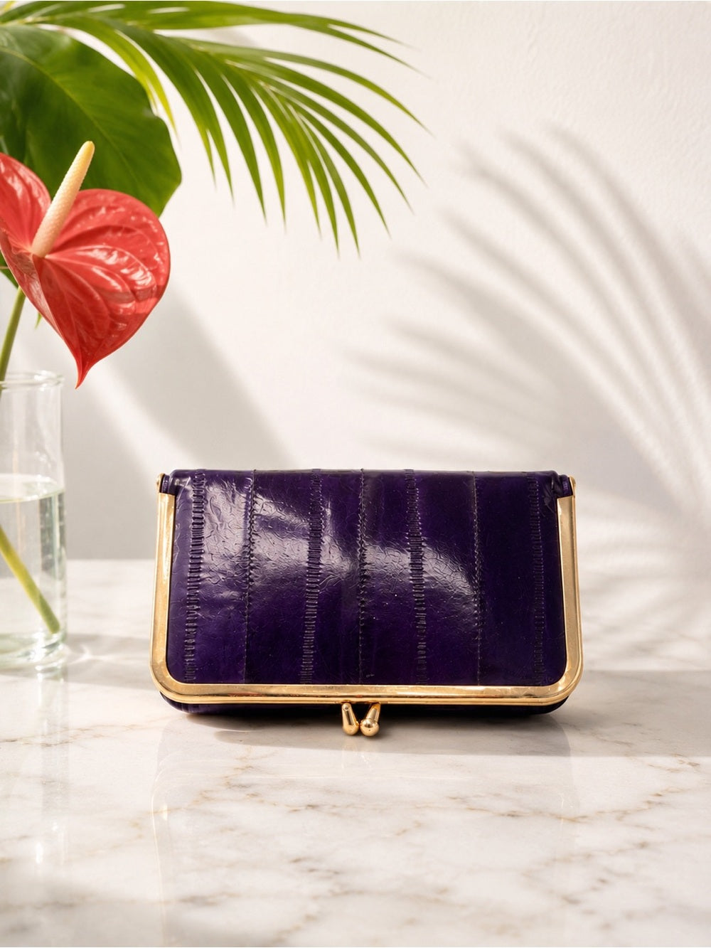 Vintage Purple & Gold Eel Skin Clutch with Mirror | Glossy Exotic Evening Bag