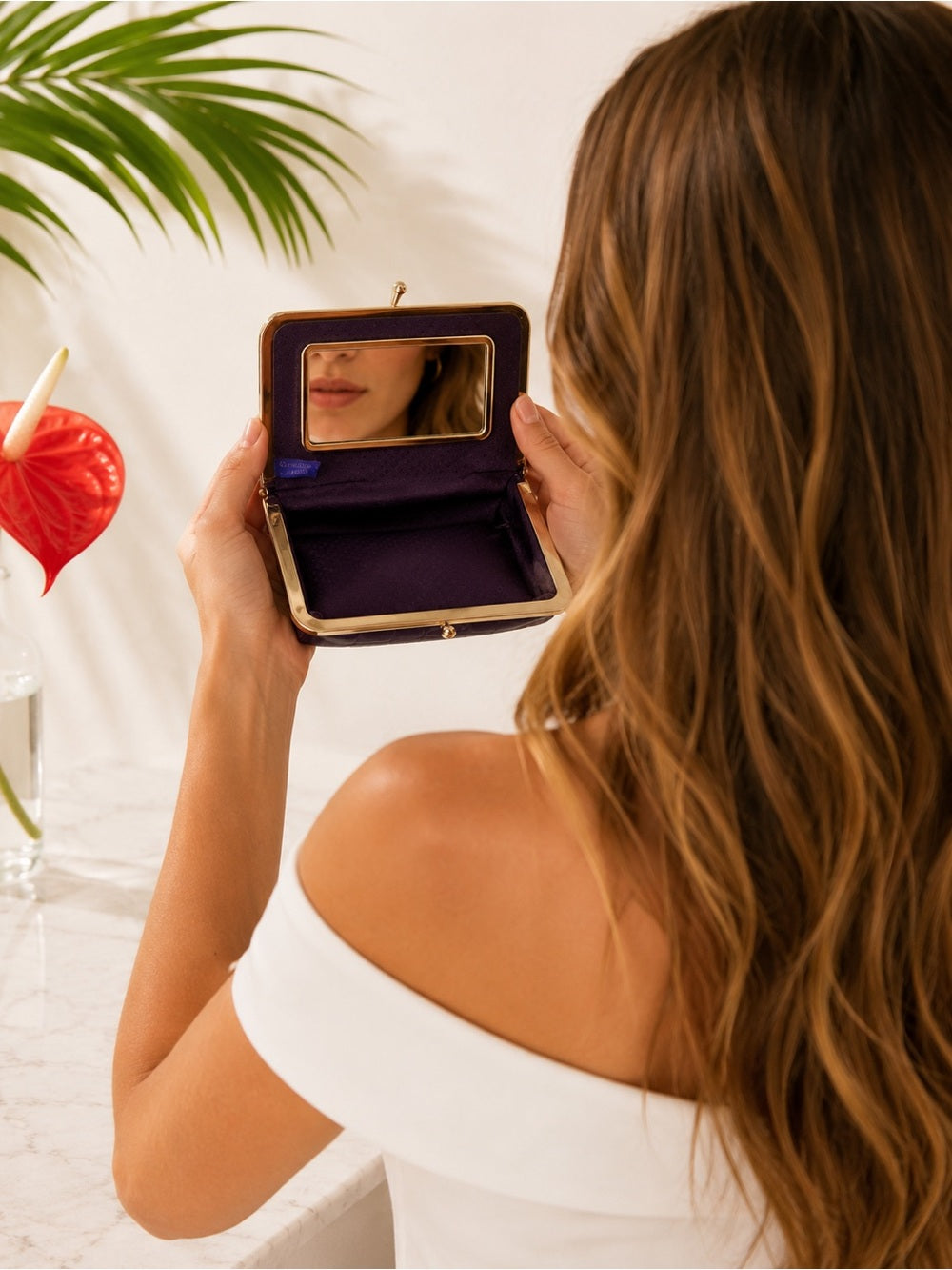 Vintage Purple & Gold Eel Skin Clutch with Mirror | Glossy Exotic Evening Bag