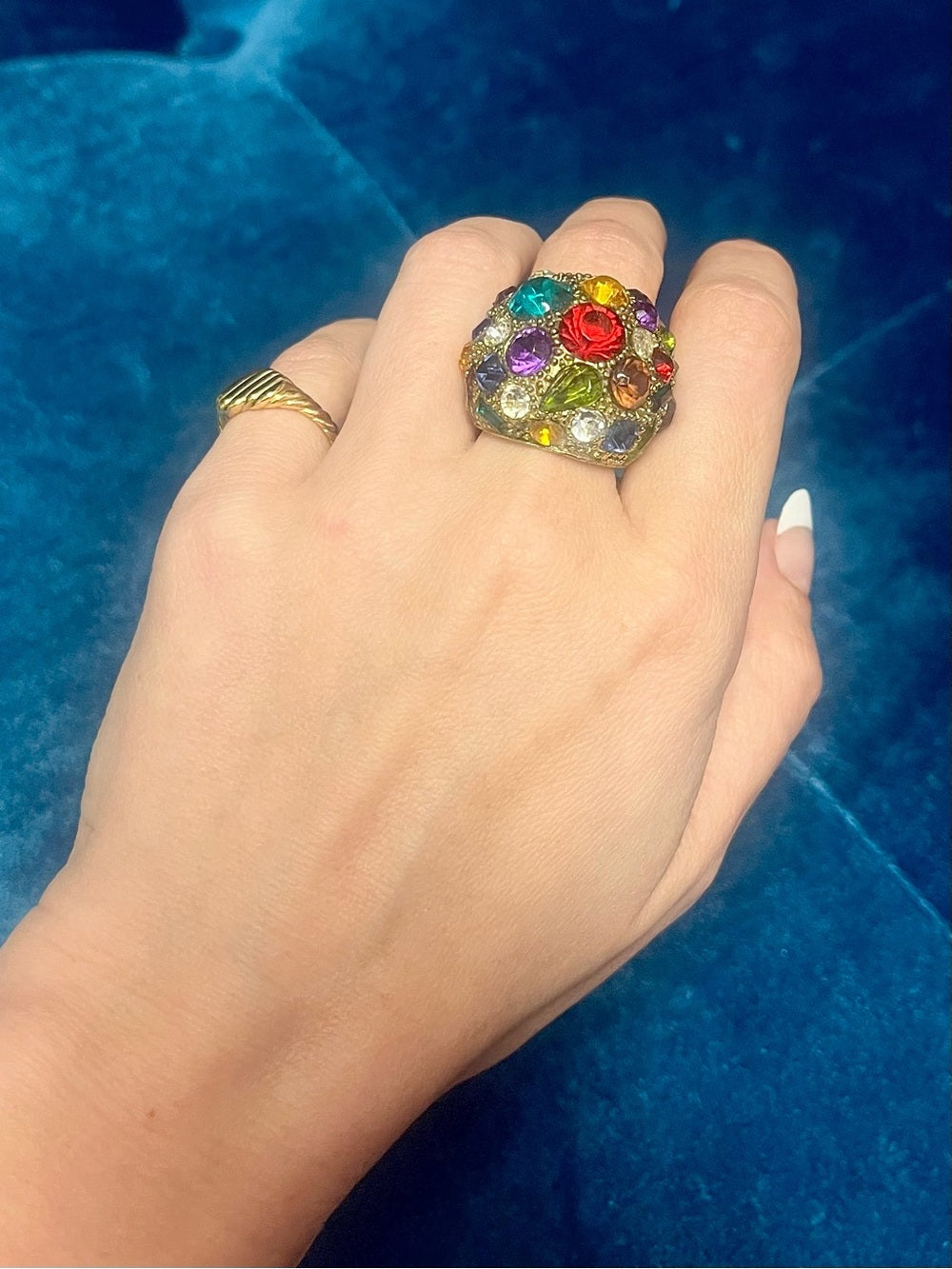 Anthropologie Gold-Tone Dome Statement Ring with Multicolored Vibrant Crystals