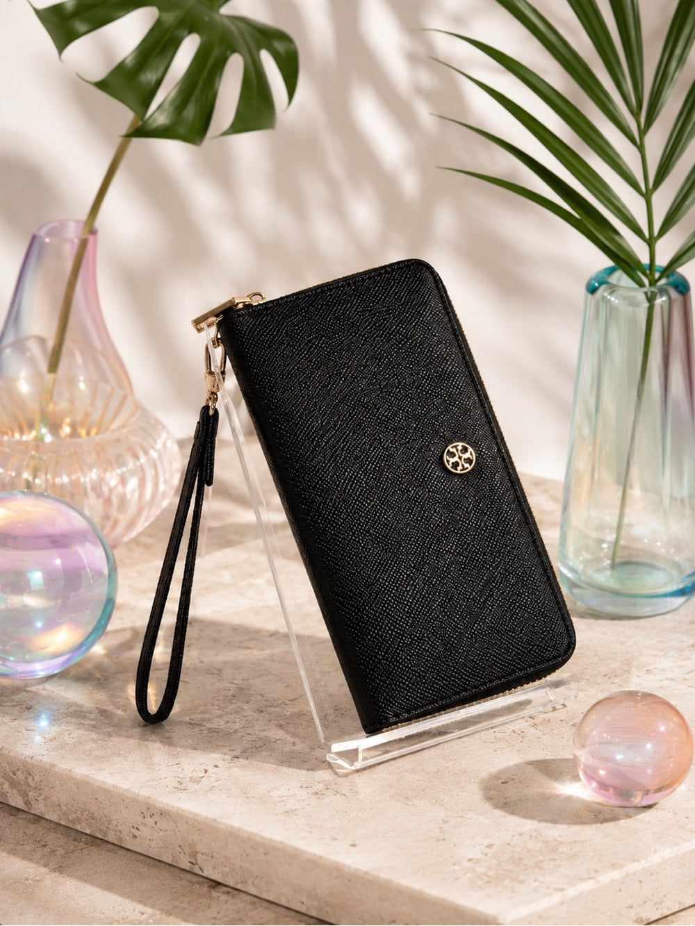 Tory Burch Black Saffiano Leather Perry Zip Passport Continental Wallet/Wristlet