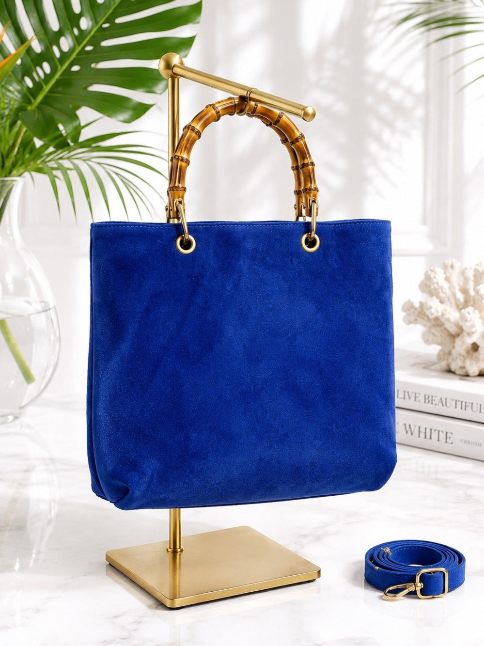 Isabella Rossetti Thea27 Blue Suede Bamboo-Handle Tote w Adjustable Strap