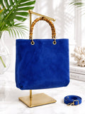 Isabella Rossetti Thea27 Blue Suede Bamboo-Handle Tote w Adjustable Strap