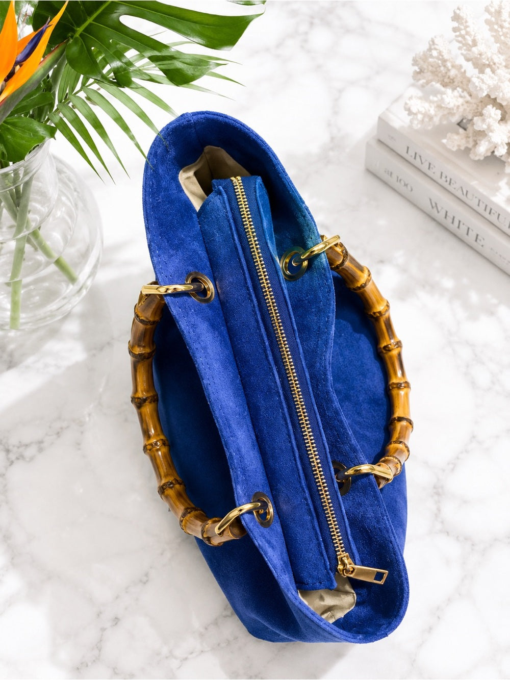 Isabella Rossetti Thea27 Blue Suede Bamboo-Handle Tote w Adjustable Strap