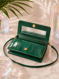 Emerald Green Eel Skin Crossbody Clutch w Mirror | Glossy Exotic Leather Bag