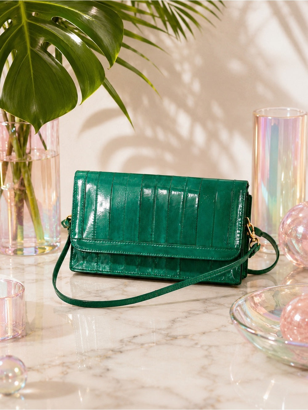 Emerald Green Eel Skin Crossbody Clutch w Mirror | Glossy Exotic Leather Bag