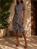 Oscar de la Renta Tartan Tweed Midi Dress Belted Asymmetric Hem Dress