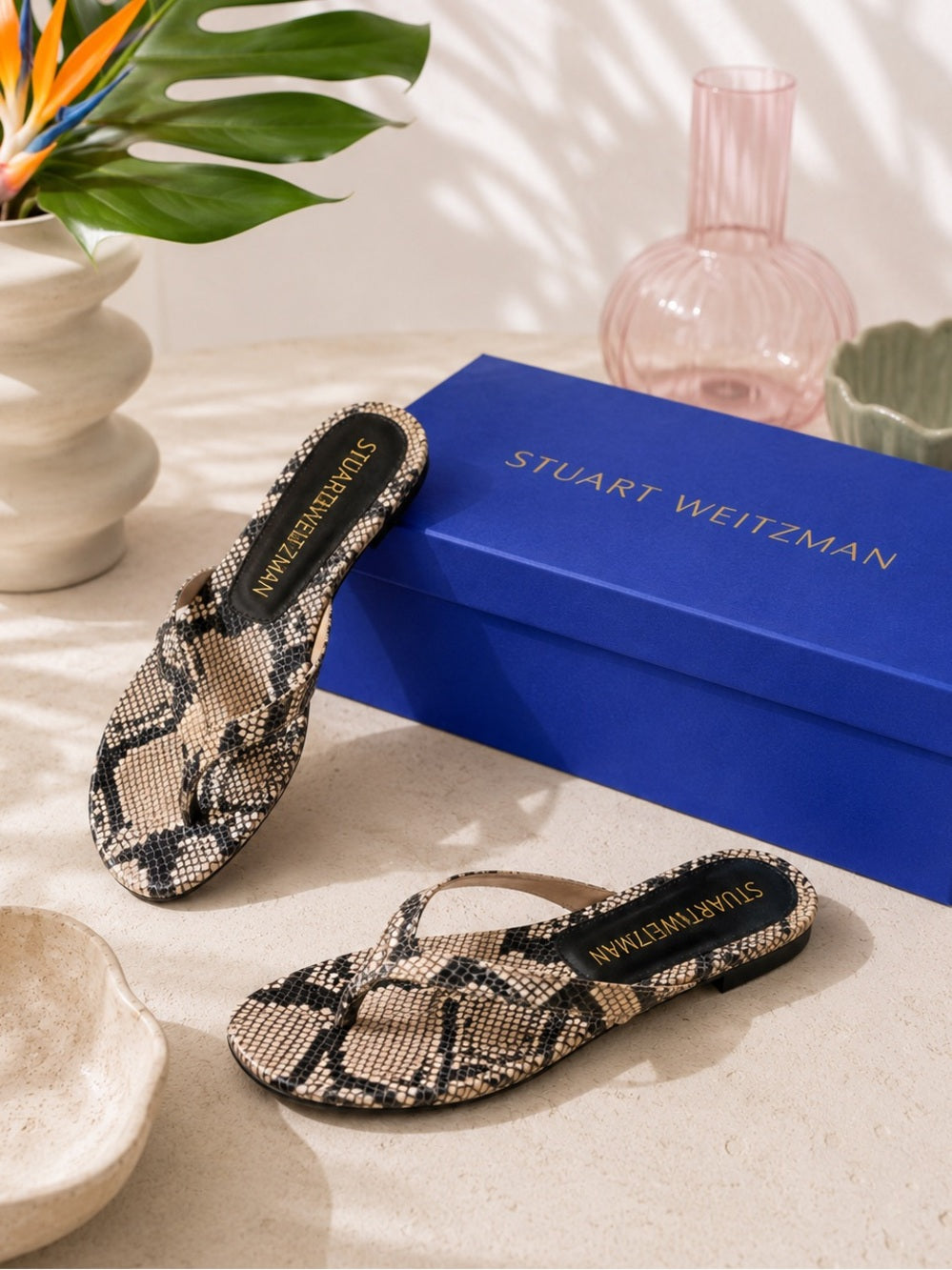 Stuart Weitzman Women's Snake-Print Thong Sandals in Black & Beige - Size 6.5