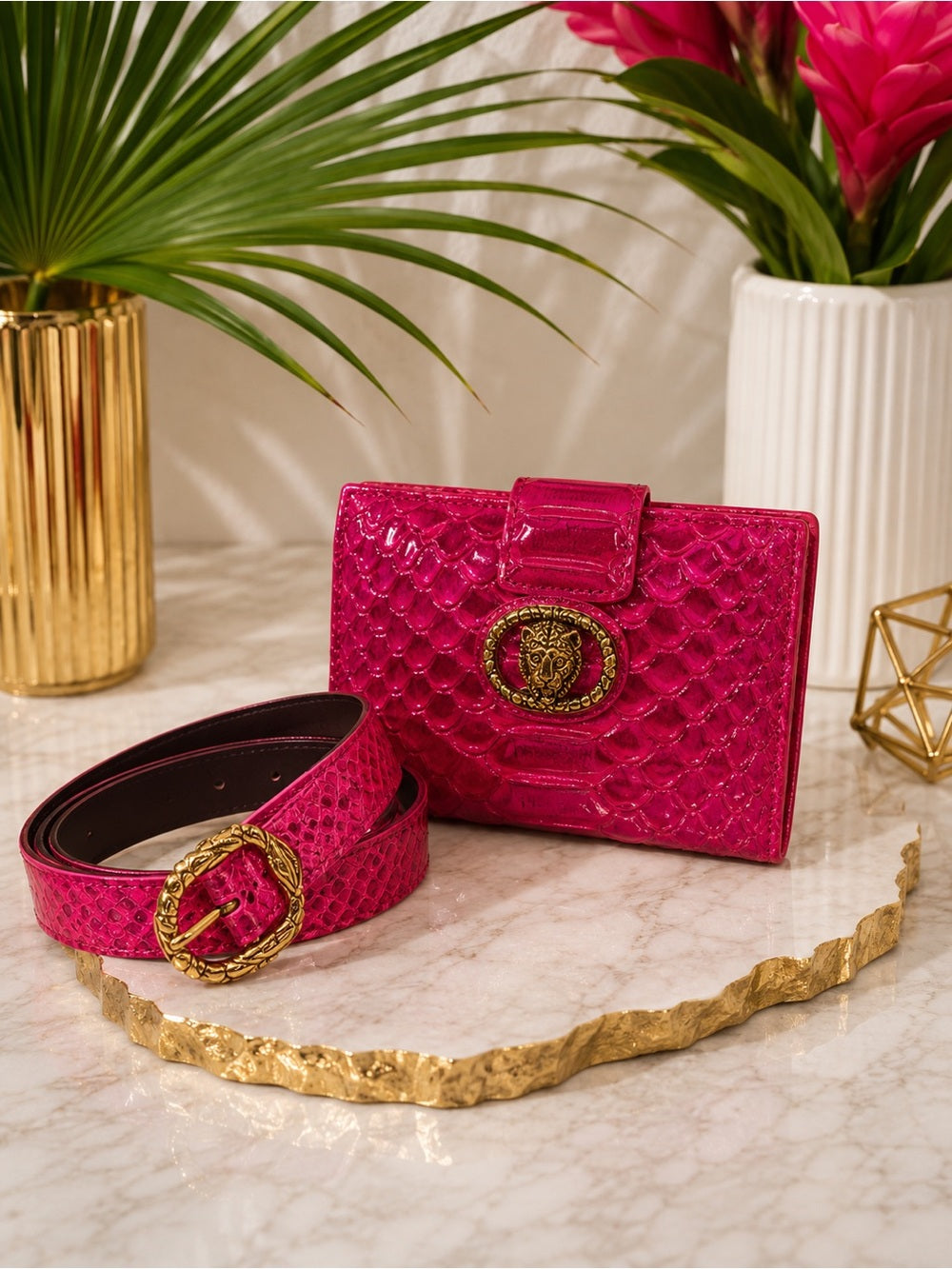 Kurt Geiger Fuchsia Snake-Embossed Wallet and Belt with Antique Gold Hardware