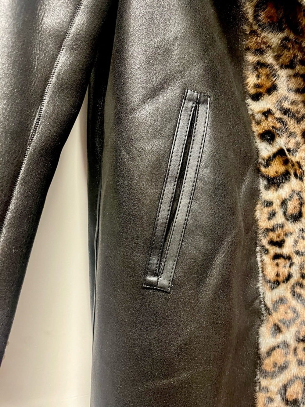 La Fiorentina Reversible Faux Fur Leopard & Black Leather Long Maxi Trench Coat — embellishment embroidery or print closeup
