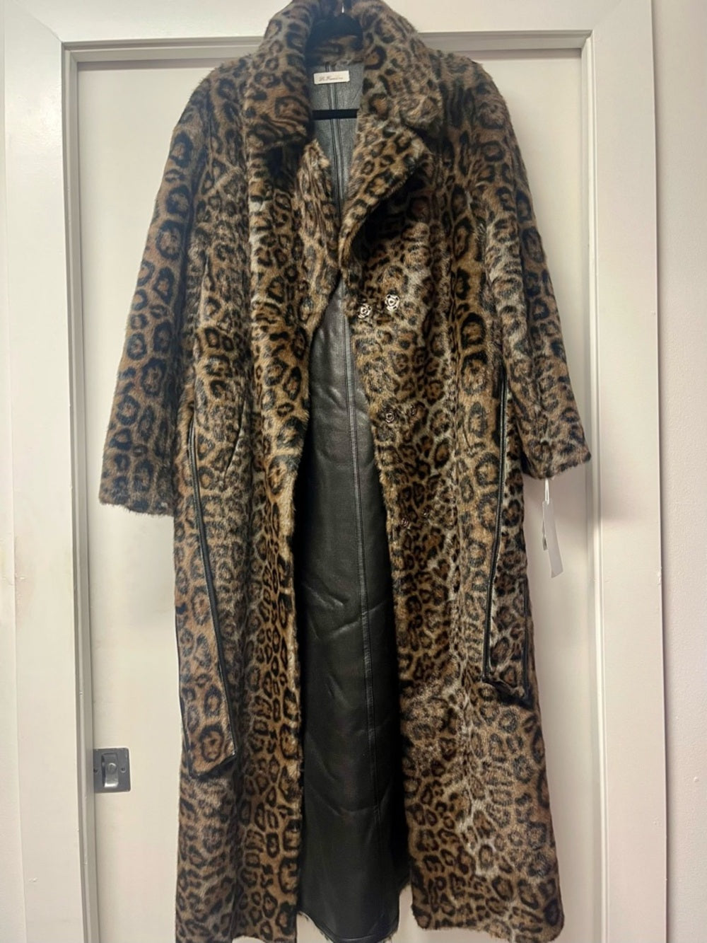 La Fiorentina Reversible Faux Fur Leopard & Black Leather Long Maxi Trench Coat — fashion back design and construction