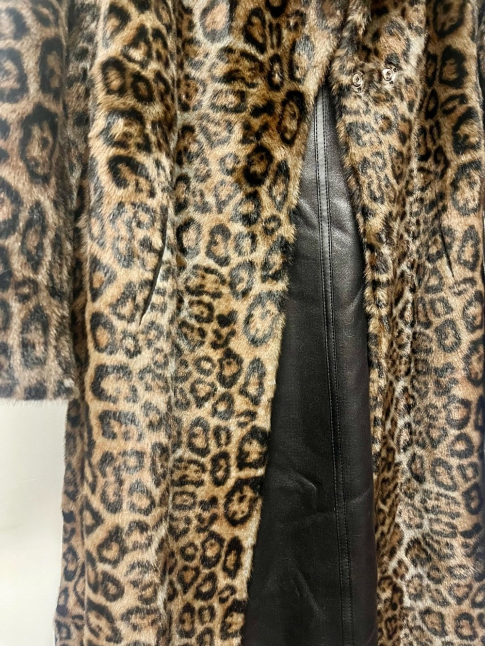 La Fiorentina Reversible Faux Fur Leopard & Black Leather Long Maxi Trench Coat — neckline bodice and shoulder detail
