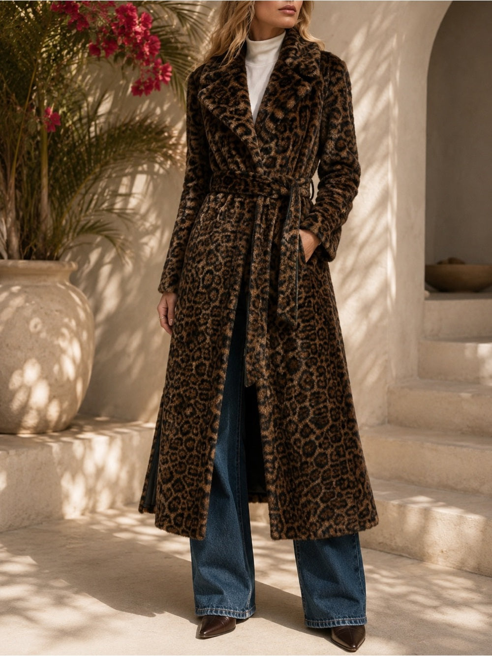La Fiorentina Reversible Faux Fur Leopard & Black Leather Long Maxi Trench Coat — designer garment full silhouette and fit