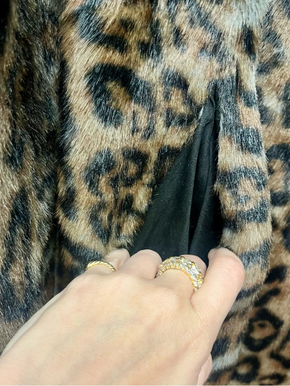 La Fiorentina Reversible Faux Fur Leopard & Black Leather Long Maxi Trench Coat — fabric texture and material closeup