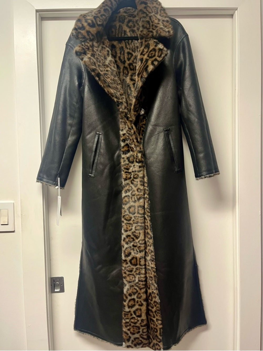 La Fiorentina Reversible Faux Fur Leopard & Black Leather Long Maxi Trench Coat — waist shaping and draped construction