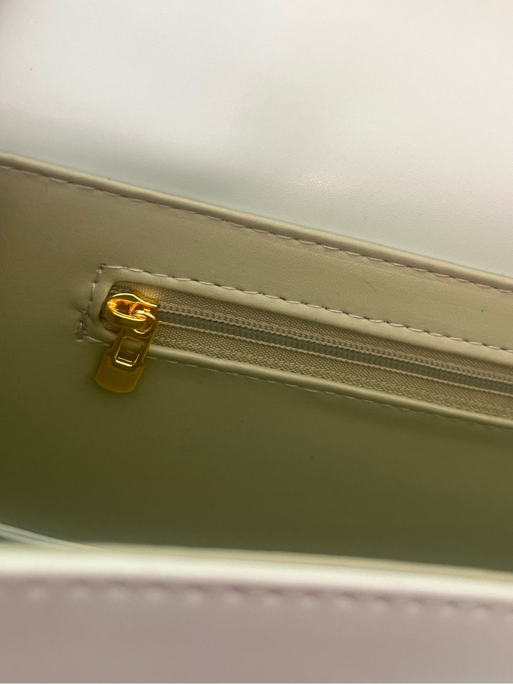 Mint Green Bag with Clear Acrylic Bamboo & Gold Trim Handle + Crossbody Strap — acrylic and fabric color detail