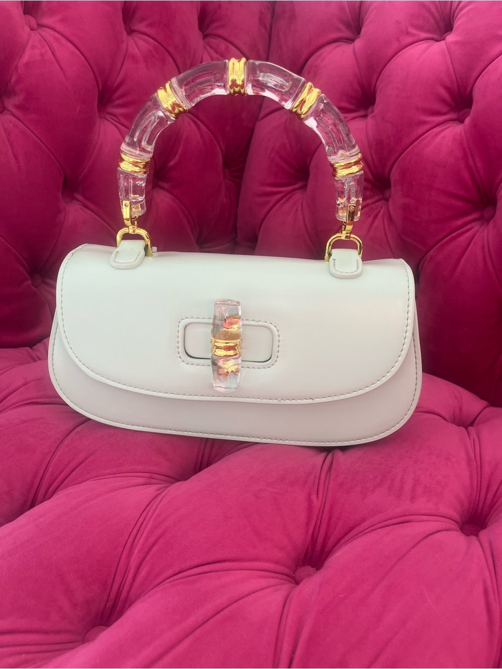 Mint Green Bag with Clear Acrylic Bamboo & Gold Trim Handle + Crossbody Strap — handbag interior lining and storage