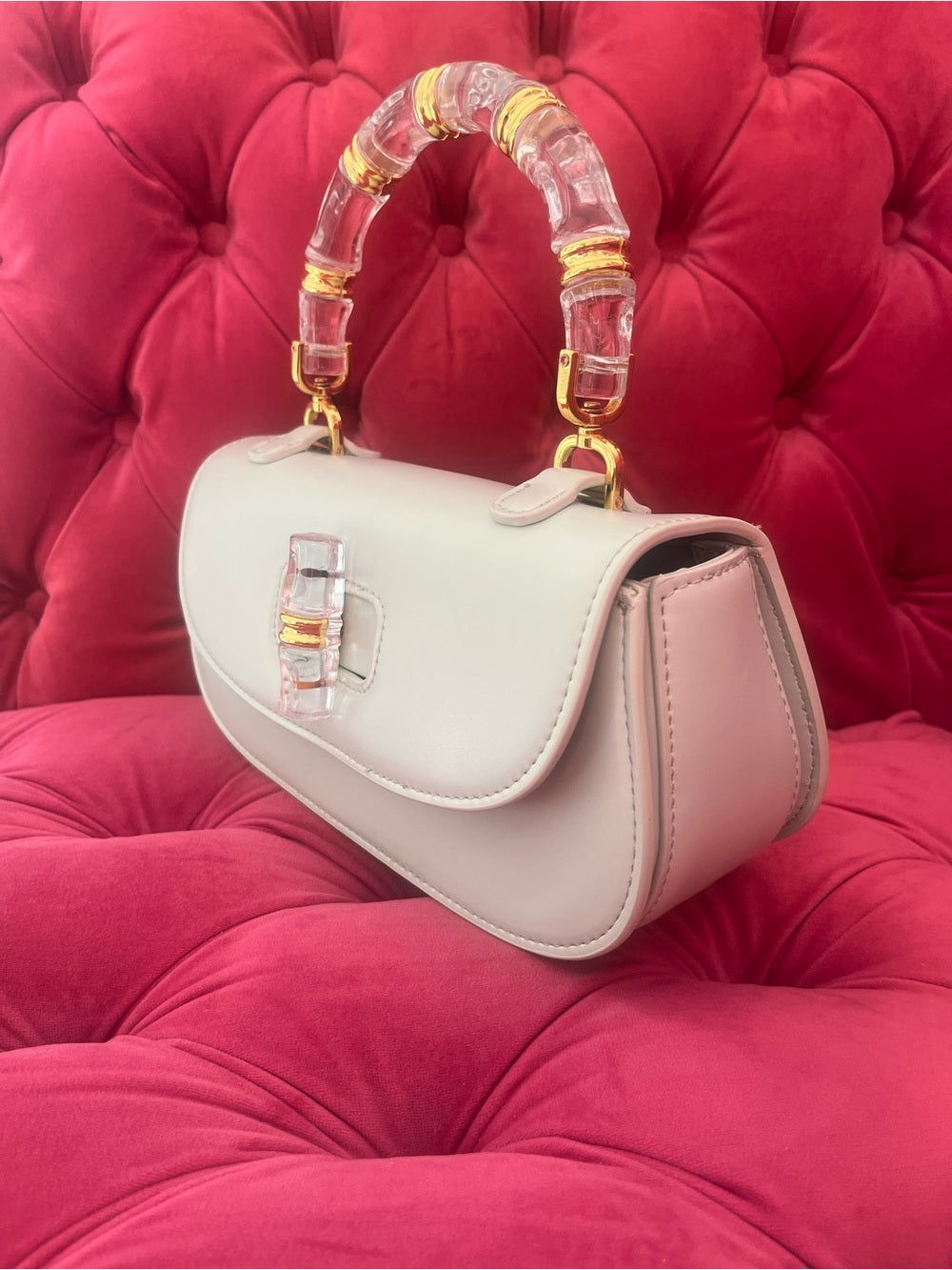 Mint Green Bag with Clear Acrylic Bamboo & Gold Trim Handle + Crossbody Strap — top handle and shoulder strap attachment
