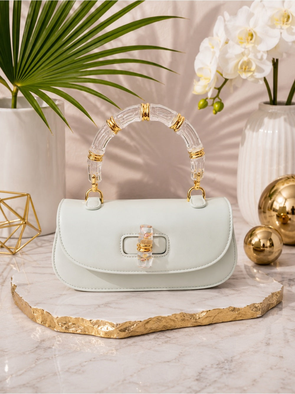 Mint Green Bag with Clear Acrylic Bamboo & Gold Trim Handle + Crossbody Strap — designer exotic leather handbag silhouette