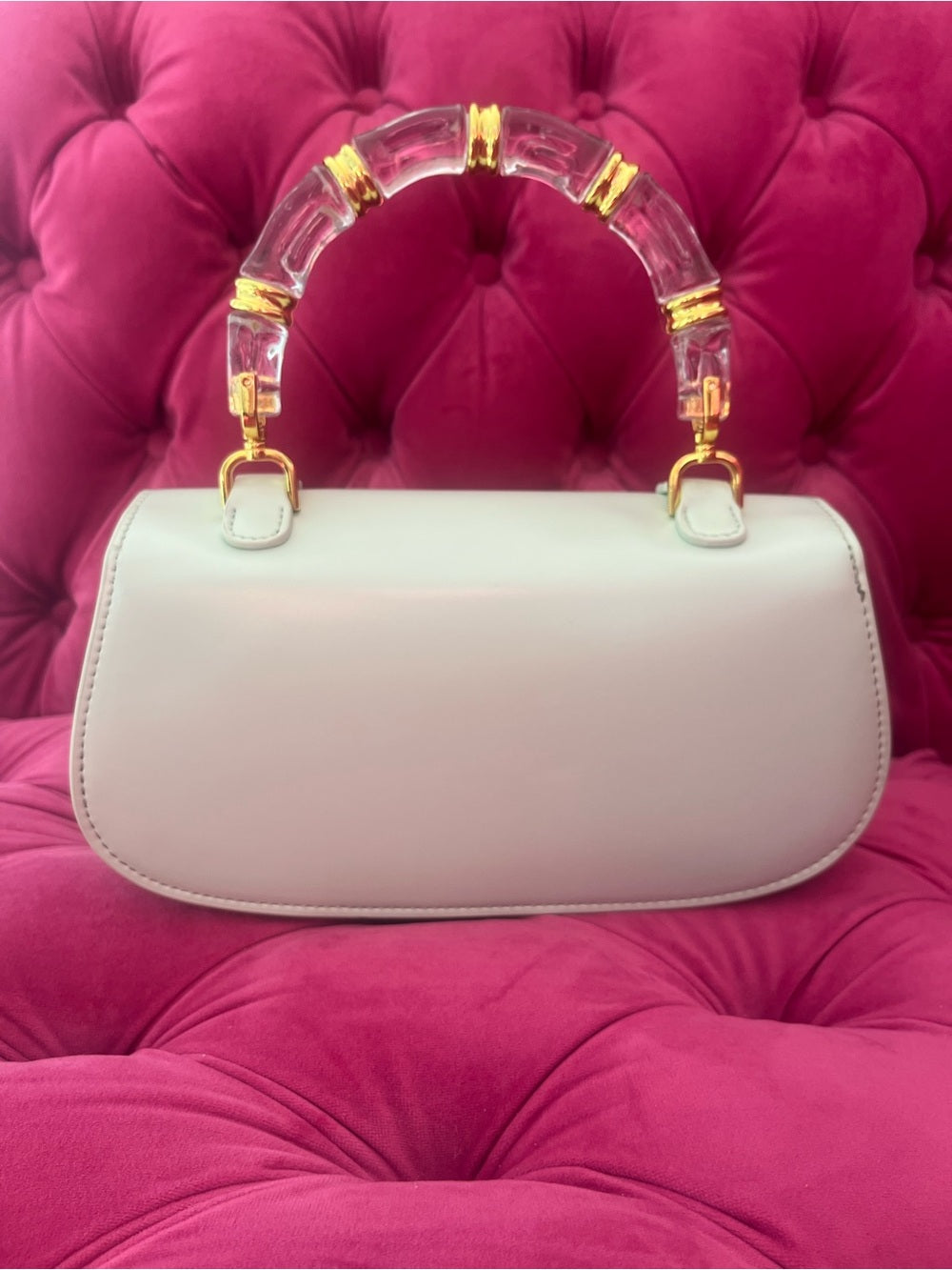 Mint Green Bag with Clear Acrylic Bamboo & Gold Trim Handle + Crossbody Strap — designer logo branding and craftsmanship