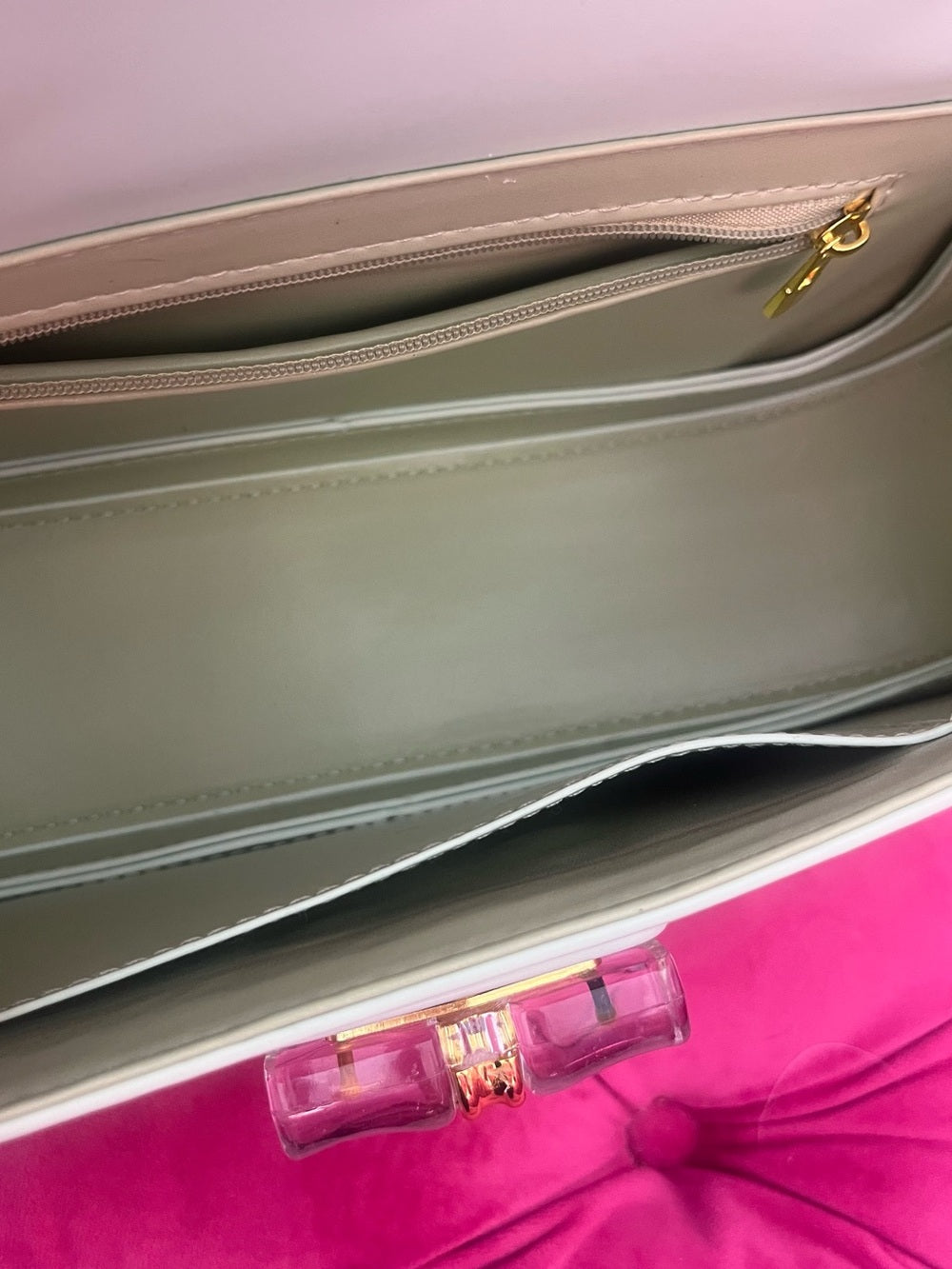 Mint Green Bag with Clear Acrylic Bamboo & Gold Trim Handle + Crossbody Strap — luxury handbag proportions and shape
