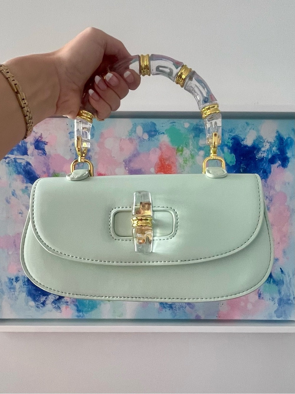 Mint Green Bag with Clear Acrylic Bamboo & Gold Trim Handle + Crossbody Strap — structured purse profile and gusset