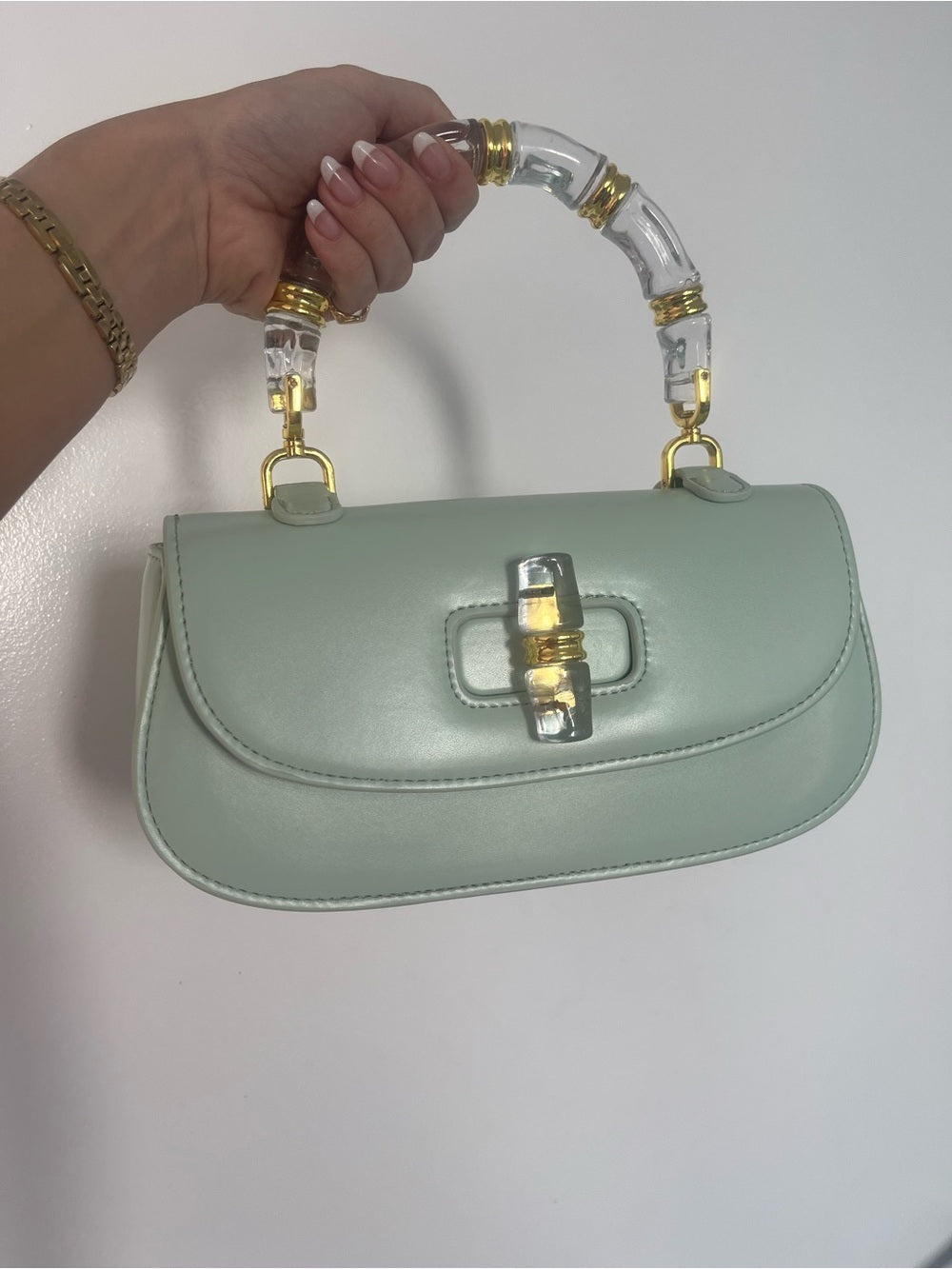Mint Green Bag with Clear Acrylic Bamboo & Gold Trim Handle + Crossbody Strap — luxury leather bag back panel construction