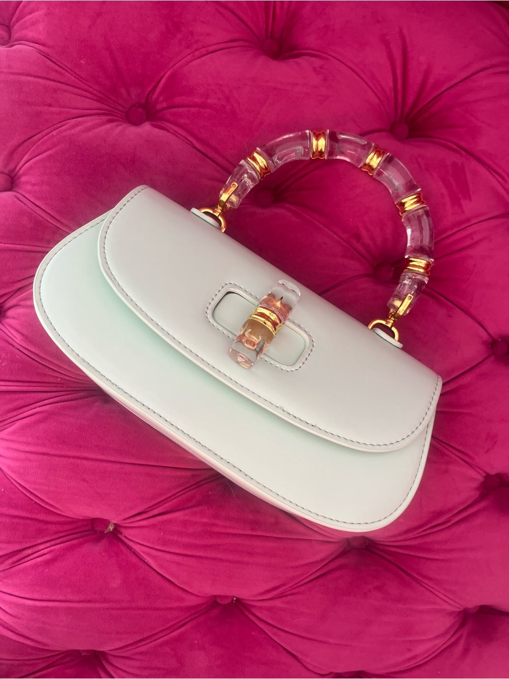 Mint Green Bag with Clear Acrylic Bamboo & Gold Trim Handle + Crossbody Strap — designer exotic leather handbag silhouette (additional view 2)