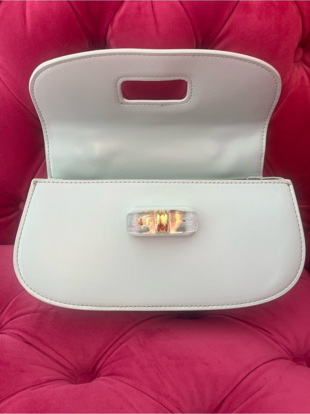 Mint Green Bag with Clear Acrylic Bamboo & Gold Trim Handle + Crossbody Strap — signature designer hardware and metalwork