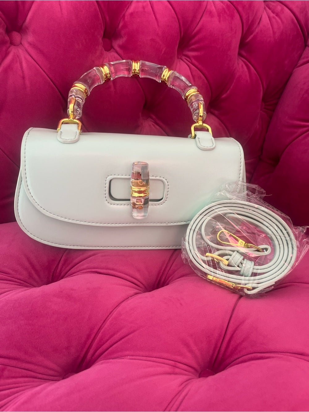 Mint Green Bag with Clear Acrylic Bamboo & Gold Trim Handle + Crossbody Strap — natural leather grain and texture closeup