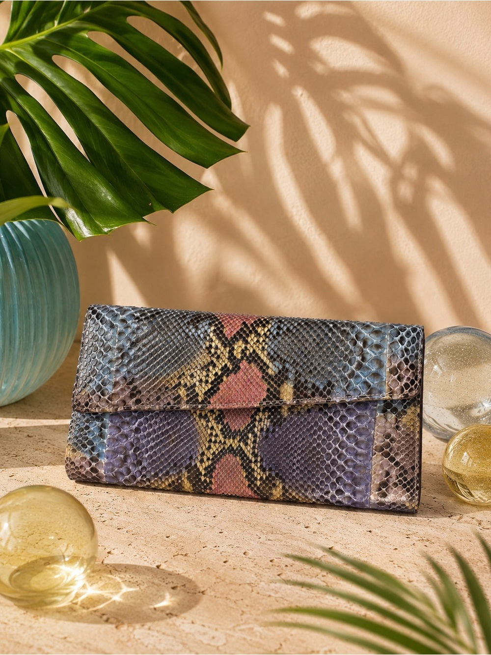 Multicolor Genuine Python Clutch Crossbody – Patchwork Snakeskin Statement Bag — designer exotic leather handbag silhouette