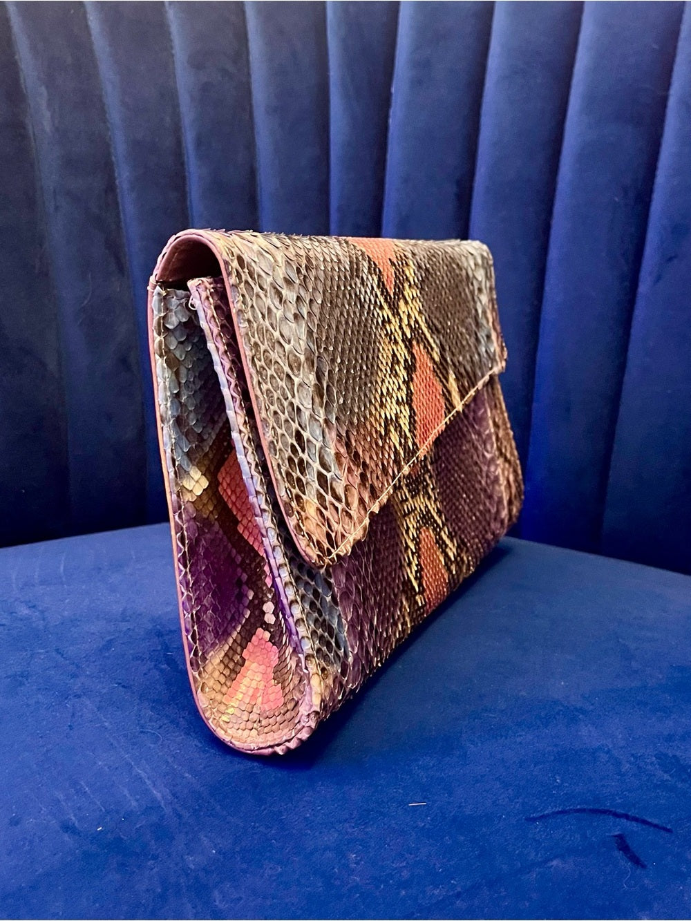 Multicolor Genuine Python Clutch Crossbody – Patchwork Snakeskin Statement Bag — designer logo branding and craftsmanship