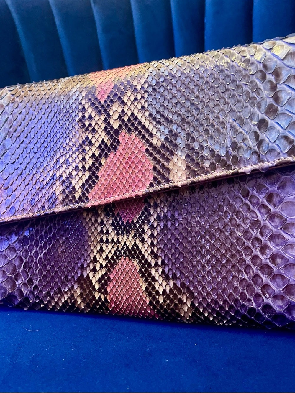 Multicolor Genuine Python Clutch Crossbody – Patchwork Snakeskin Statement Bag — natural leather grain and texture closeup