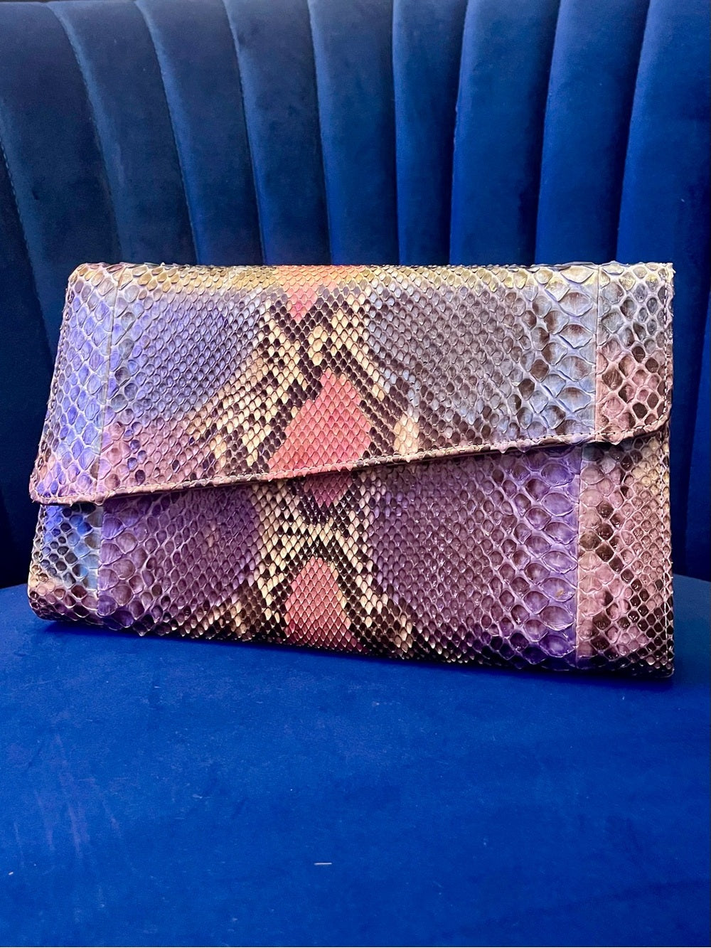 Multicolor Genuine Python Clutch Crossbody – Patchwork Snakeskin Statement Bag — removable strap and gold tone hardware