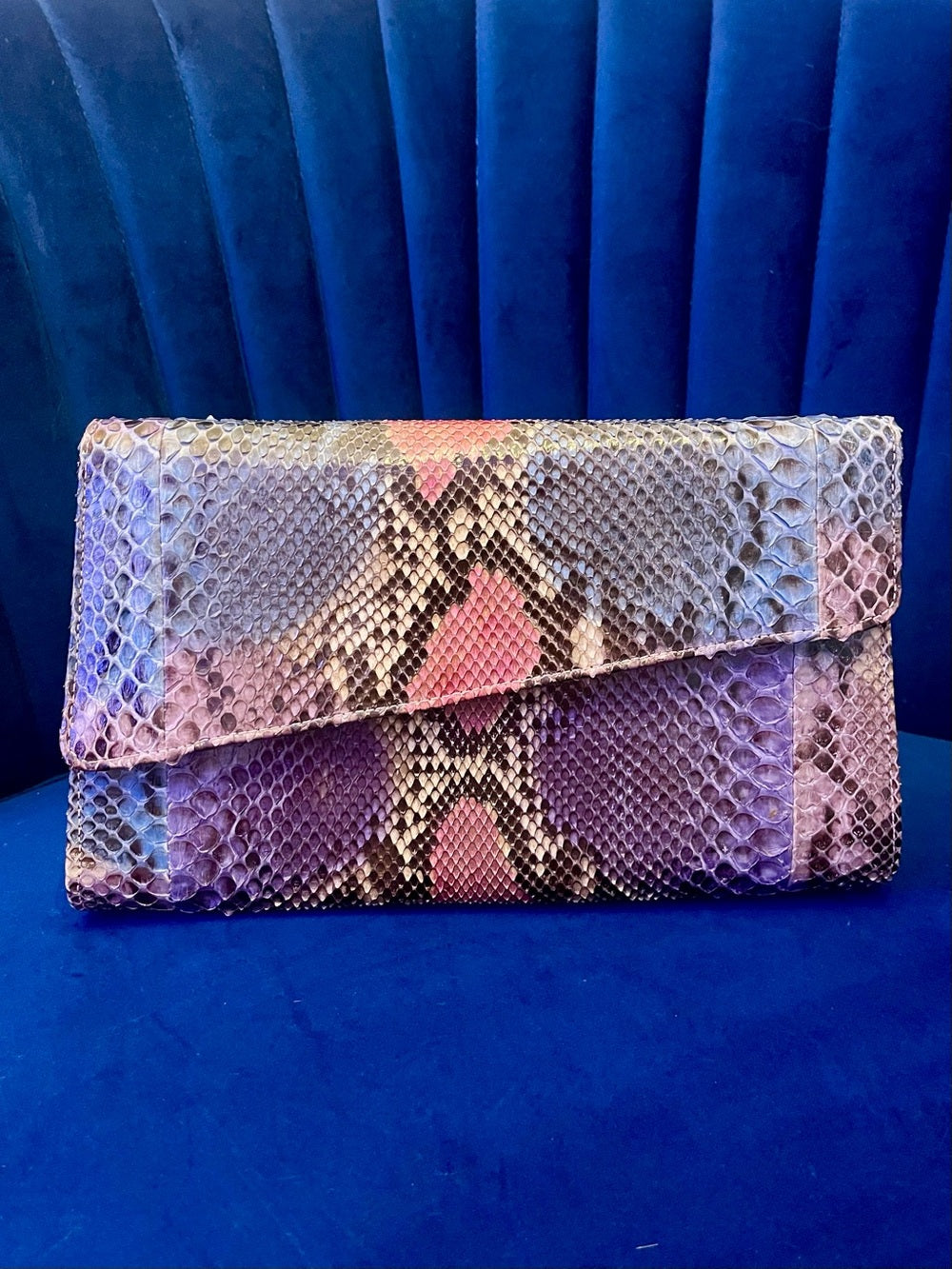 Multicolor Genuine Python Clutch Crossbody – Patchwork Snakeskin Statement Bag — top handle and shoulder strap attachment