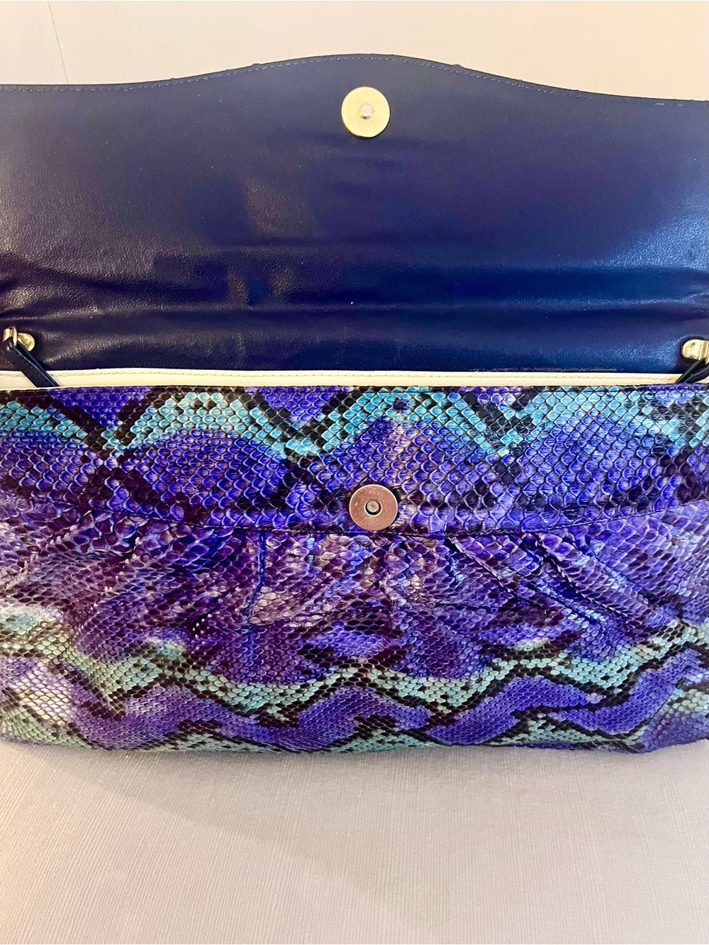 Multicolor Genuine Python Foldover Clutch / Crossbody – Purple & Teal Exotic Bag — signature designer hardware and metalwork