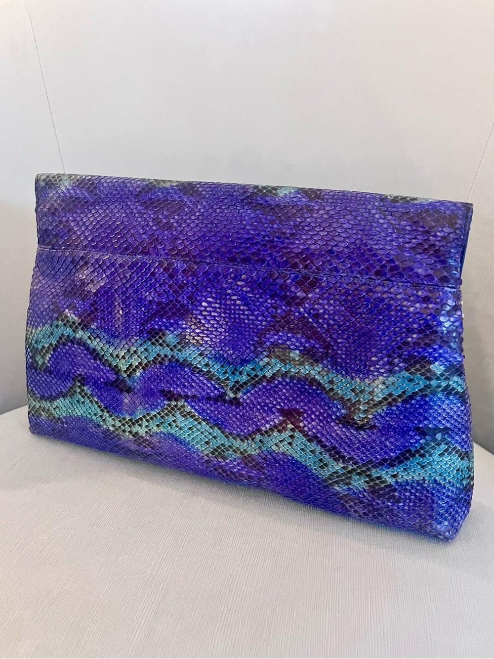 Multicolor Genuine Python Foldover Clutch / Crossbody – Purple & Teal Exotic Bag — natural leather grain and texture closeup
