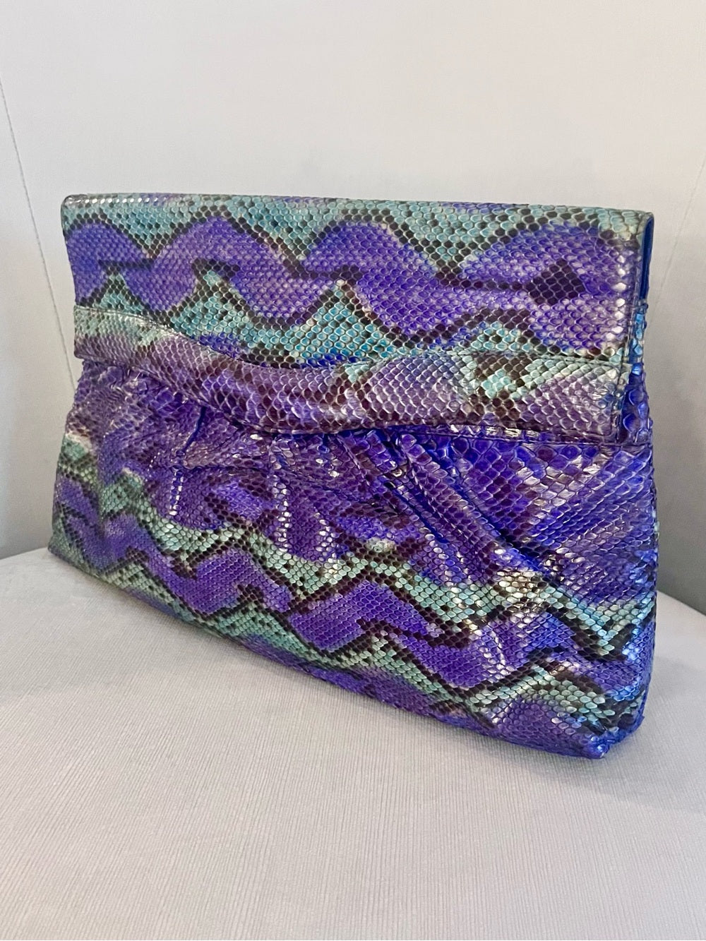 Multicolor Genuine Python Foldover Clutch / Crossbody – Purple & Teal Exotic Bag — bag closure fastening and edge finish