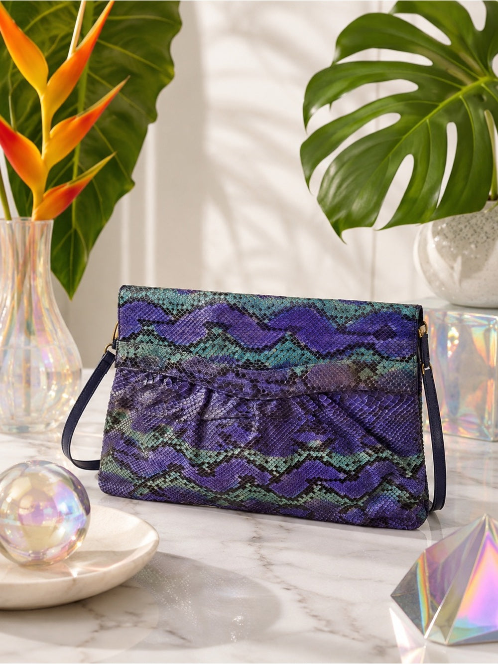 Multicolor Genuine Python Foldover Clutch / Crossbody – Purple & Teal Exotic Bag — designer exotic leather handbag silhouette