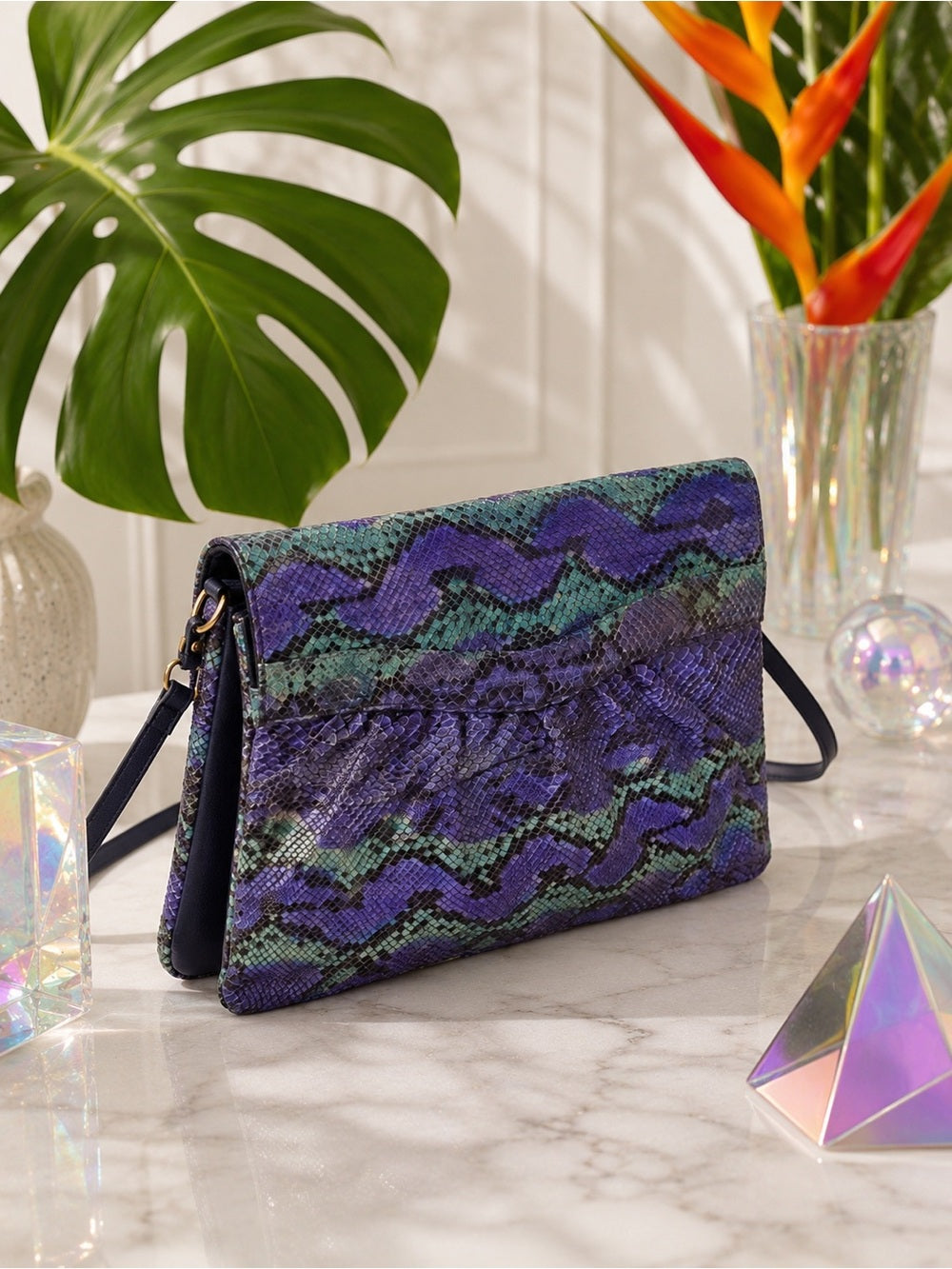 Multicolor Genuine Python Foldover Clutch / Crossbody – Purple & Teal Exotic Bag — luxury leather bag back panel construction