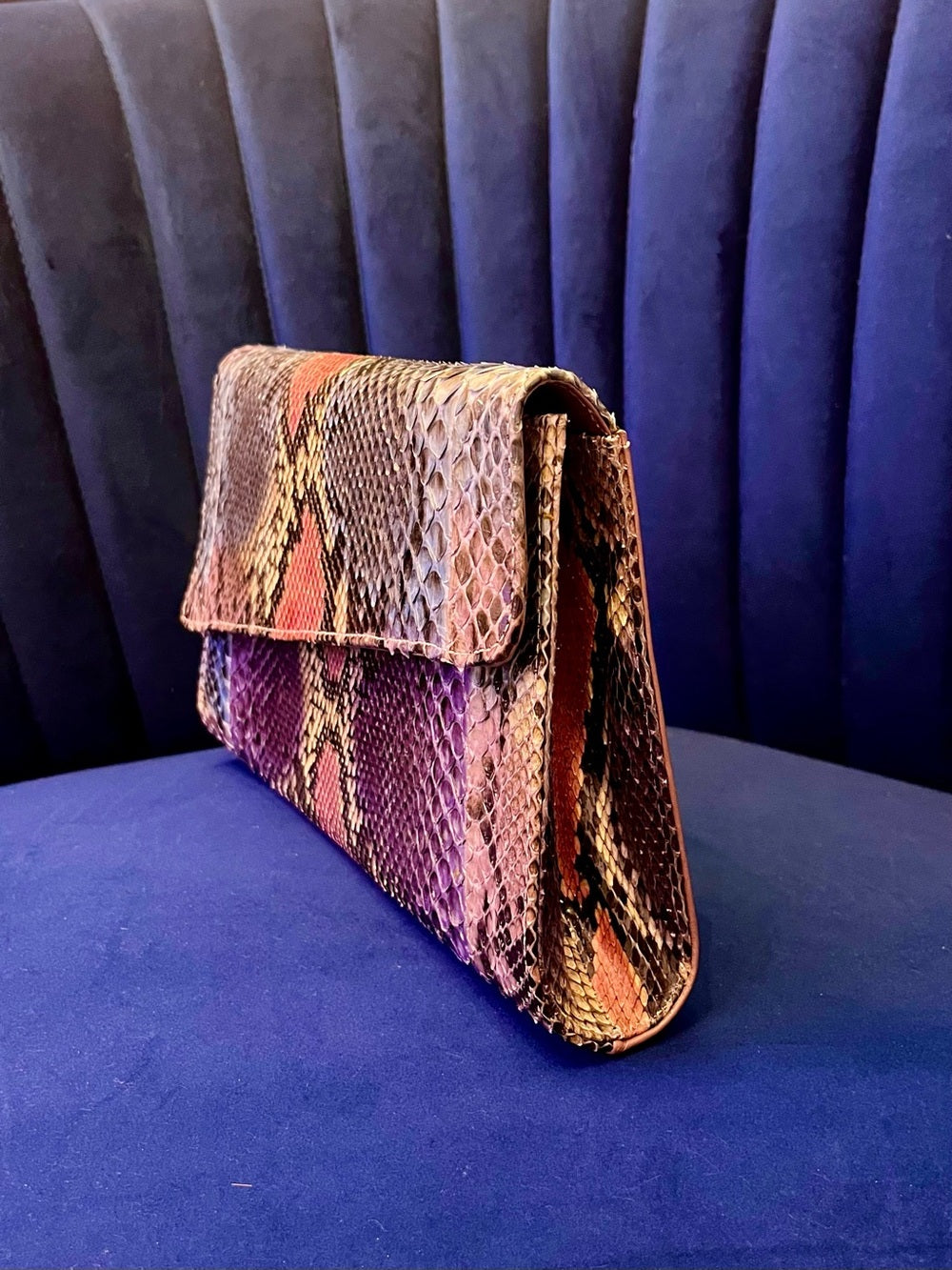 Multicolor Genuine Python Clutch Crossbody – Patchwork Snakeskin Statement Bag — bag closure fastening and edge finish