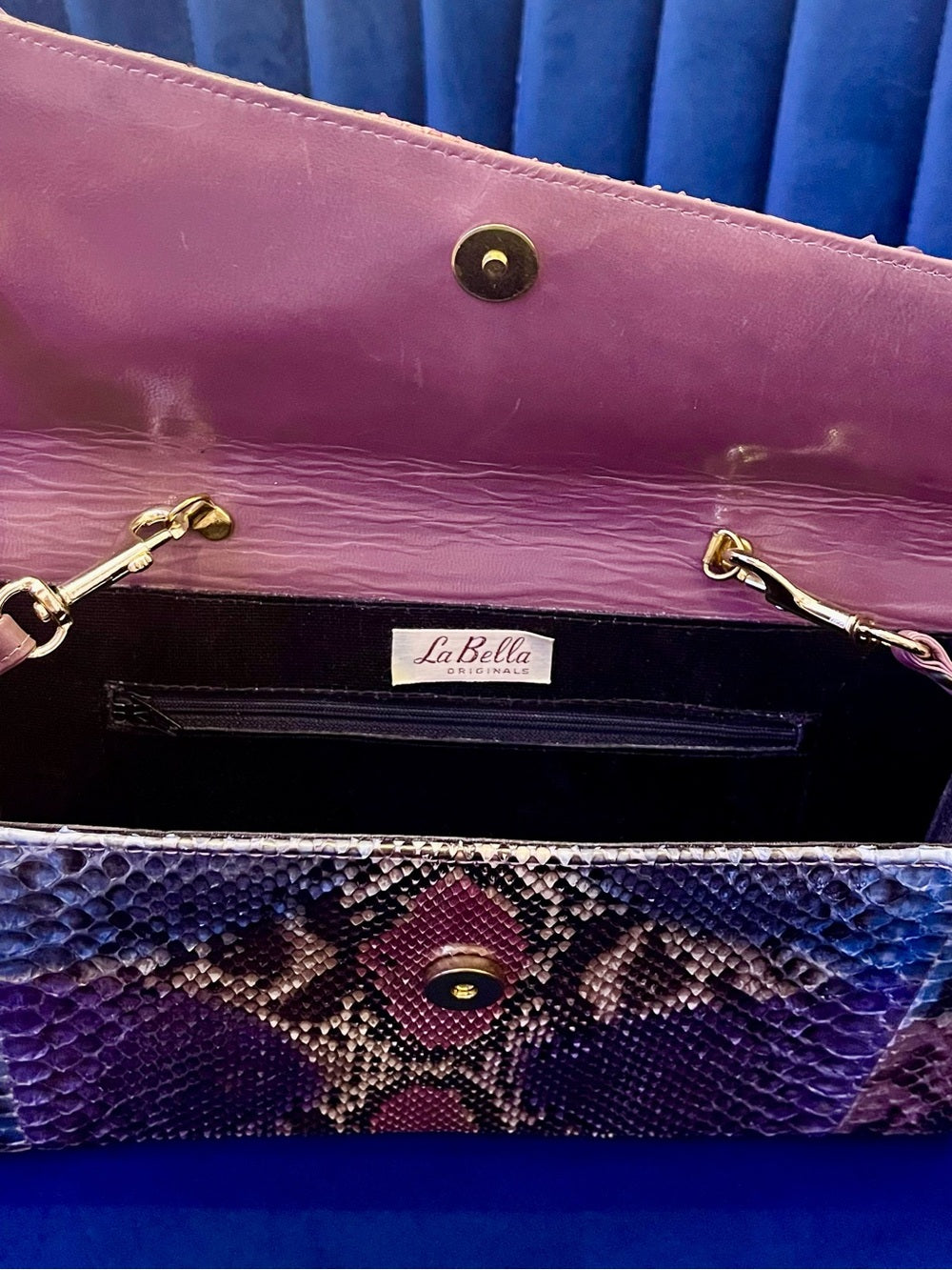 Multicolor Genuine Python Clutch Crossbody – Patchwork Snakeskin Statement Bag — corner piping and leather edge detail