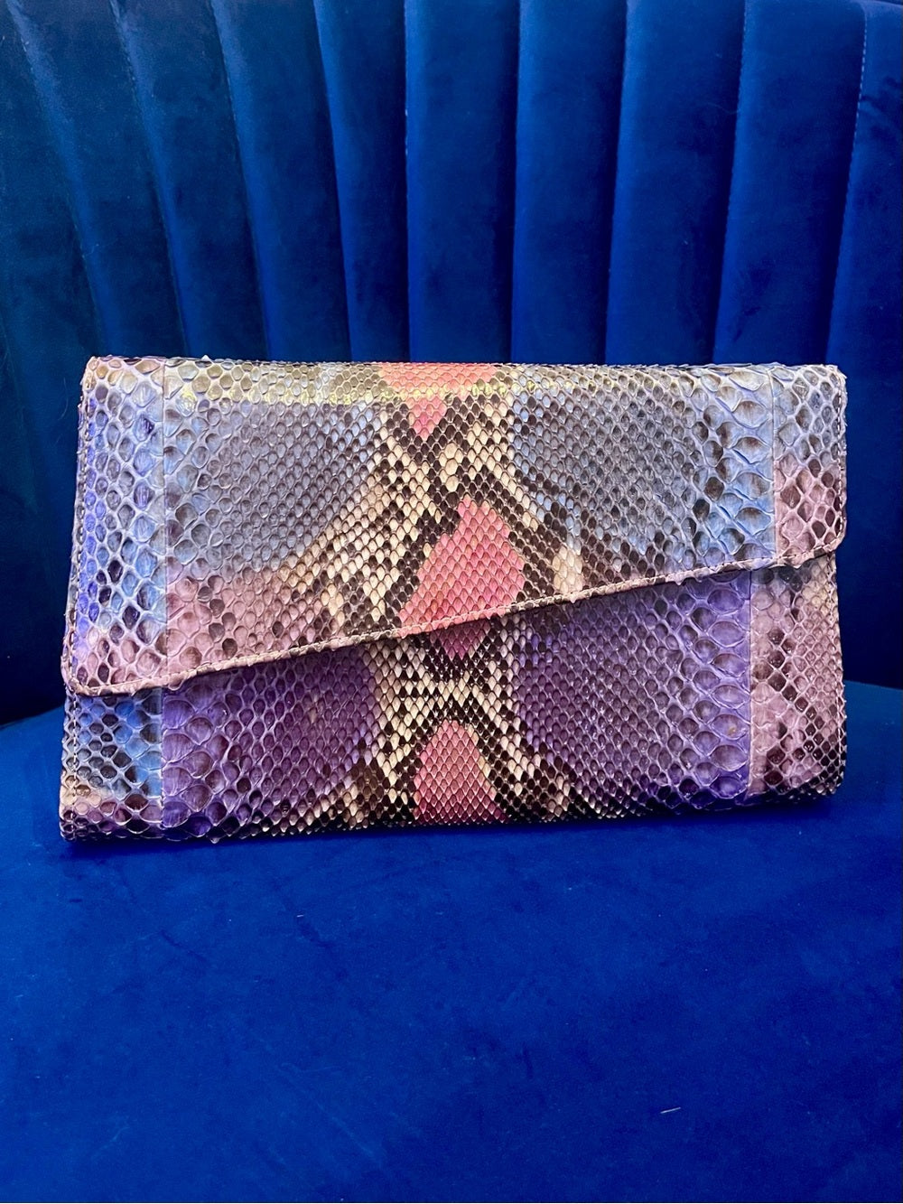 Multicolor Genuine Python Clutch Crossbody – Patchwork Snakeskin Statement Bag — handbag interior lining and storage