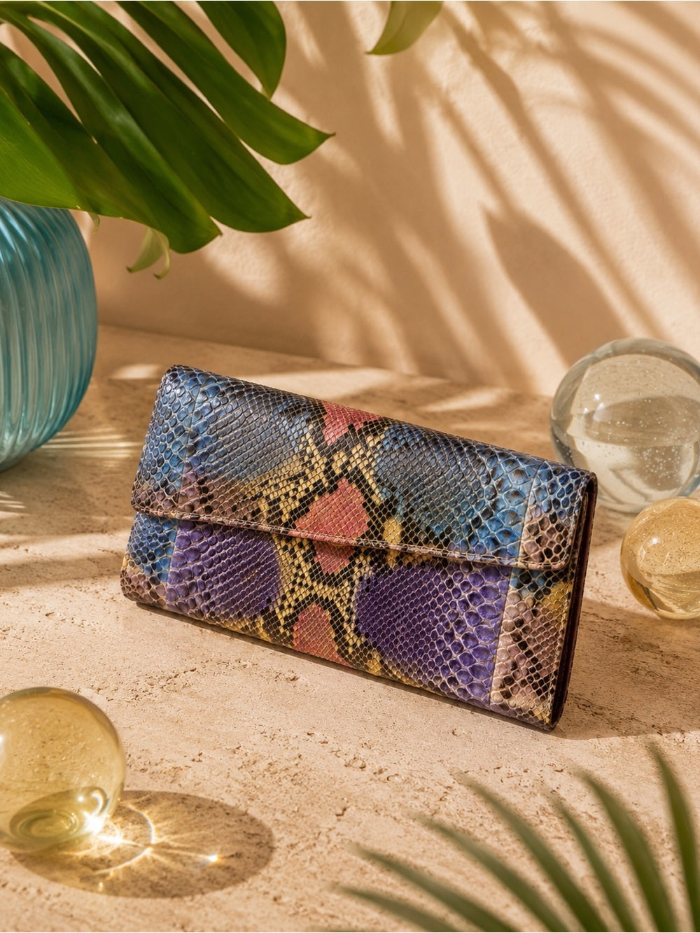 Multicolor Genuine Python Clutch Crossbody – Patchwork Snakeskin Statement Bag — luxury leather bag back panel construction