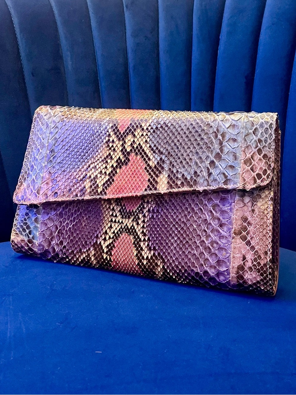 Multicolor Genuine Python Clutch Crossbody – Patchwork Snakeskin Statement Bag — signature designer hardware and metalwork