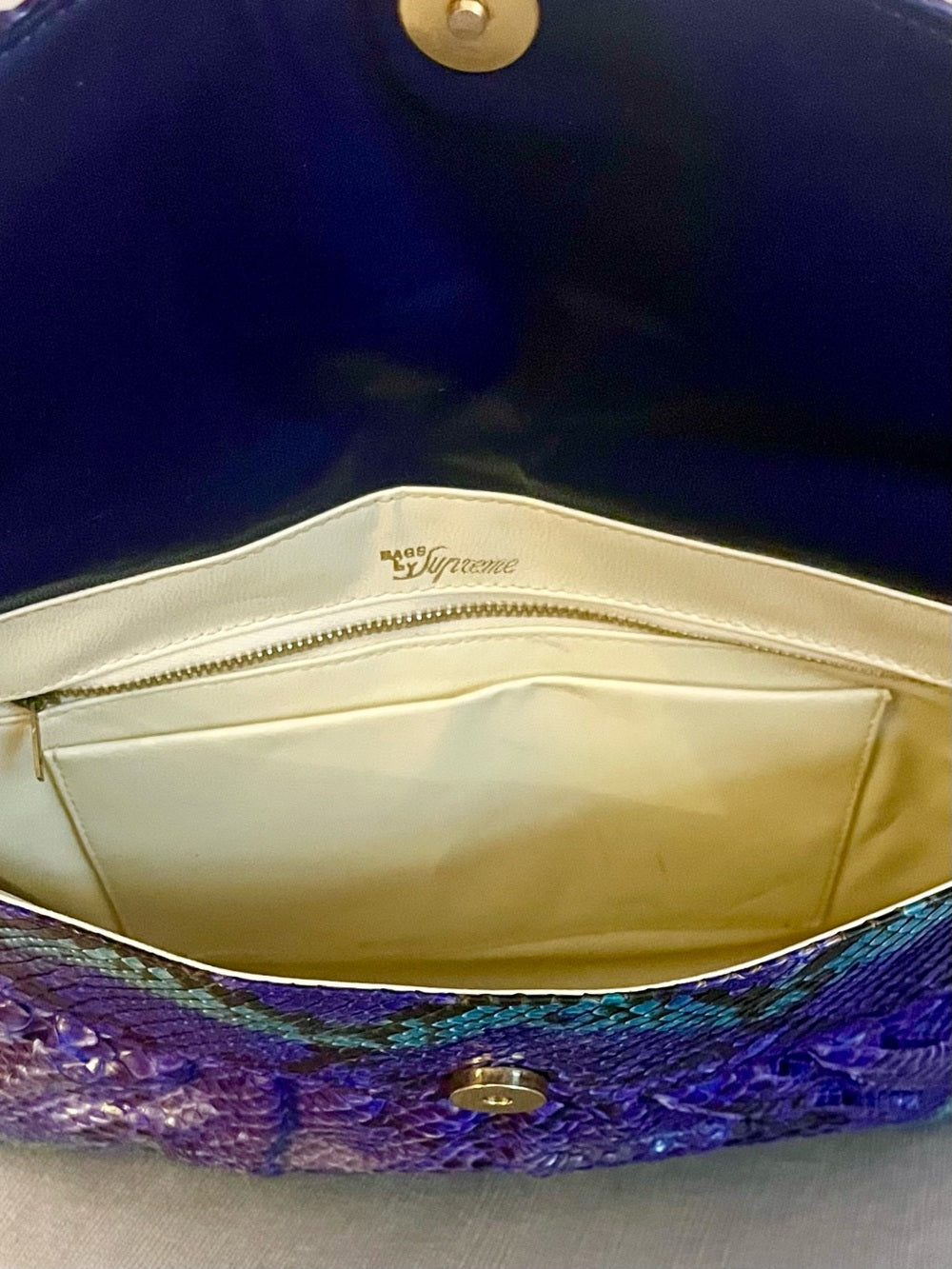 Multicolor Genuine Python Foldover Clutch / Crossbody – Purple & Teal Exotic Bag — top handle and shoulder strap attachment