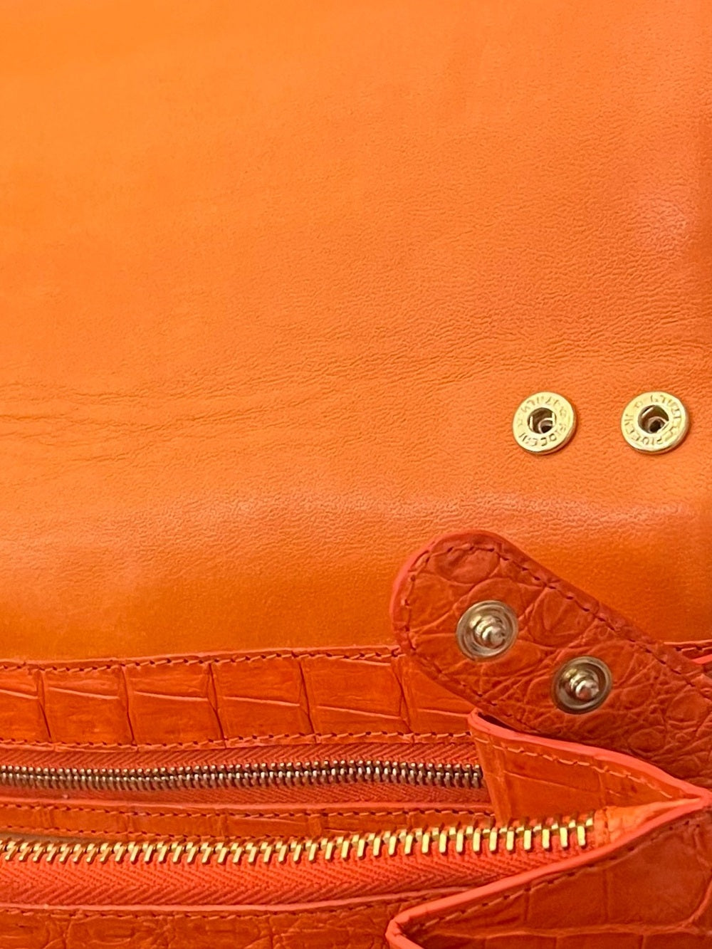 Nancy Gonzalez Genuine Caiman Crocodile Shoulder Bag Orange Exotic Leather — bag closure fastening and edge finish