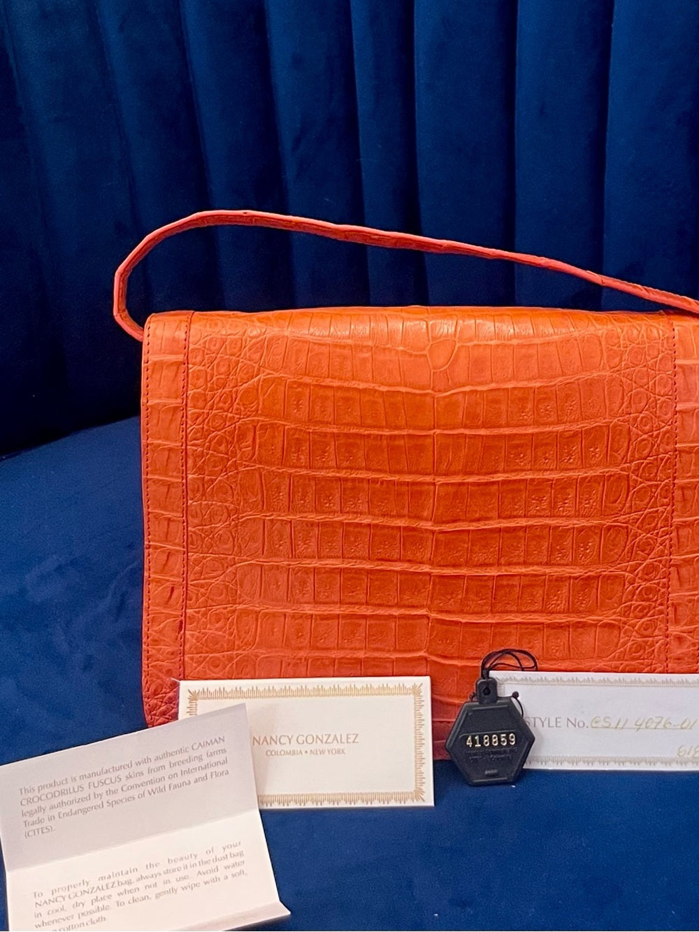 Nancy Gonzalez Genuine Caiman Crocodile Shoulder Bag Orange Exotic Leather — removable strap and gold tone hardware