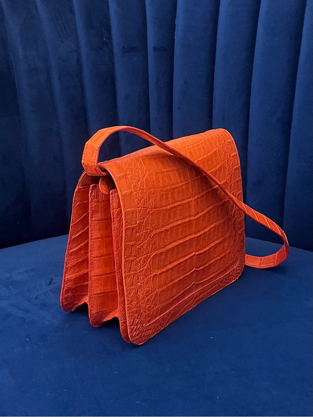 Nancy Gonzalez Genuine Caiman Crocodile Shoulder Bag Orange Exotic Leather — natural leather grain and texture closeup